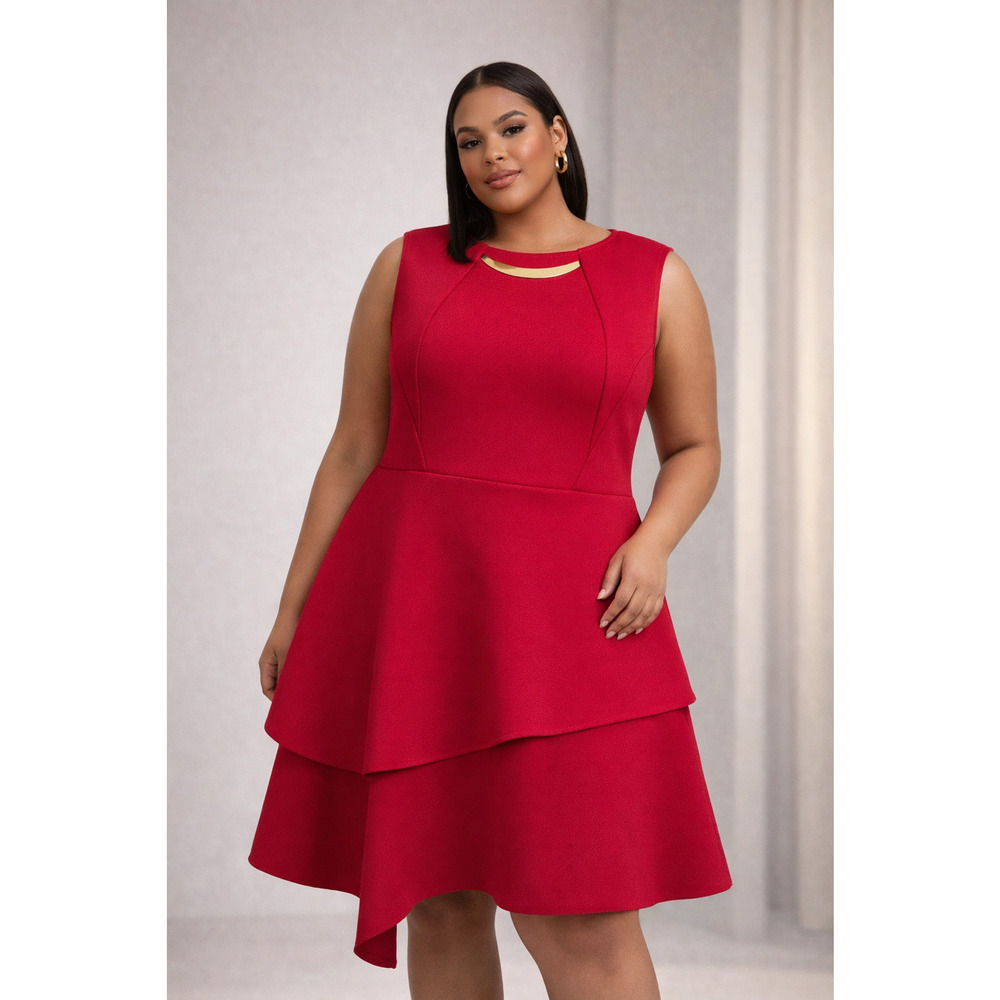 Plus Size Red Eloquii Dress | Gold Bar Detail | Fit & Flare | Scuba | Party